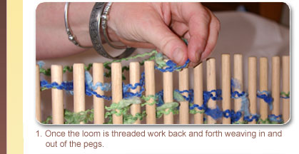 1. Once the loom is threaded work back and forth weaving in and out of the pegs